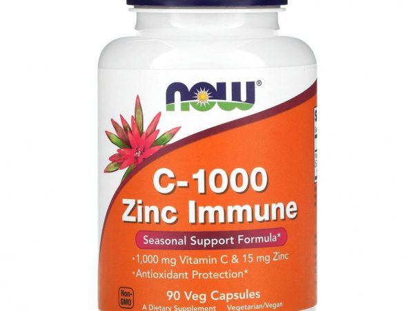 NOW Foods, C-1000 с цинком для укрепления иммунитета, витамин C, 1000 мг и цинк, 15 мг, 90 вегетарианских капсул