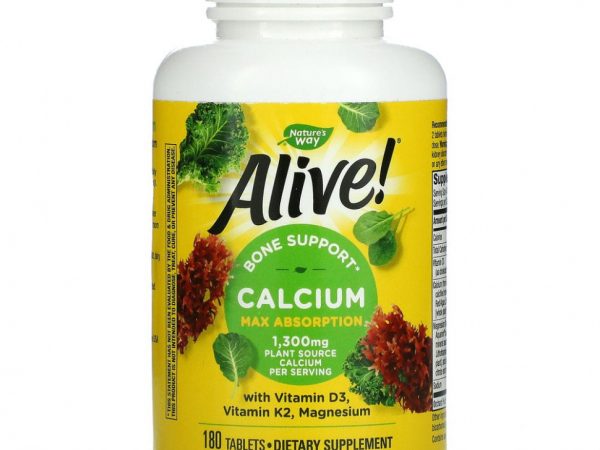Nature's Way, Alive !, кальций с витамином D3, витамин K2, магний, 325 мг, 180 таблеток