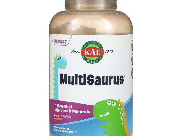 KAL, Dinosaurs, MultiSaurus, витамины и минералы, со вкусом ягод, винограда и апельсина, 180 жевательных таблеток