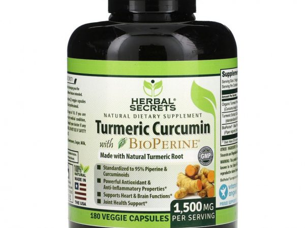 Herbal Secrets, Куркумин и биоперин, 750 мг, 180 растительных капсул