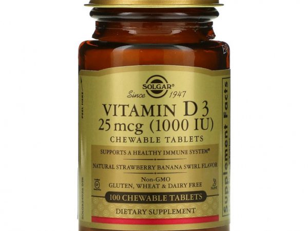 Solgar, витамин D3, натуральный клубнично-банановый вкус, 25 мкг (1000 МЕ), 100 жевательных таблеток