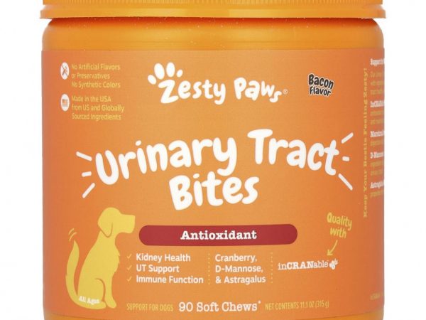 Zesty Paws, Cranberry Bladder Bites, добавка для собак с ароматизатором «Бекон», 90 мягких жевательных таблеток