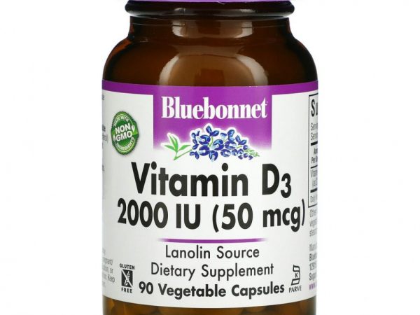 Bluebonnet Nutrition, Витамин D3, 50 мкг (2000 МЕ), 90 растительных капсул