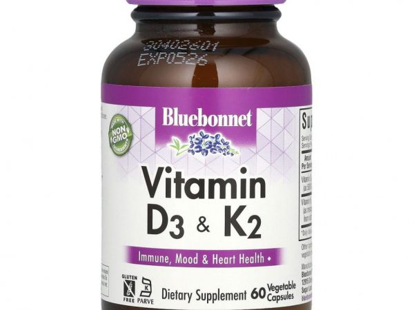 Bluebonnet Nutrition, витамины D3 и K2, 60 вегетарианских капсул