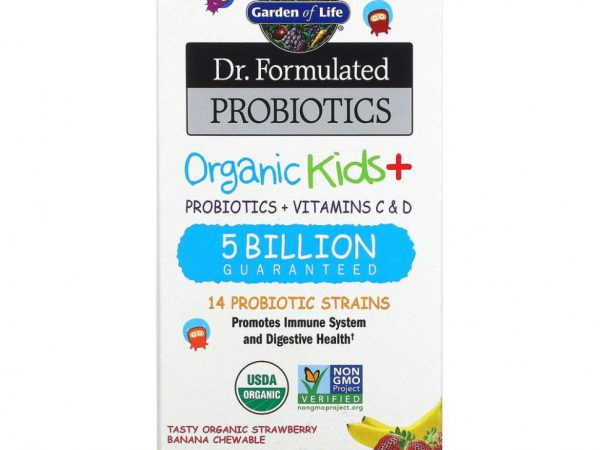 Garden of Life, Dr Formulated Probiotics, Organic Kids+, органические пробиотики для детей, со вкусом органической клубники и банана, 30 вкусных жевательных таблеток