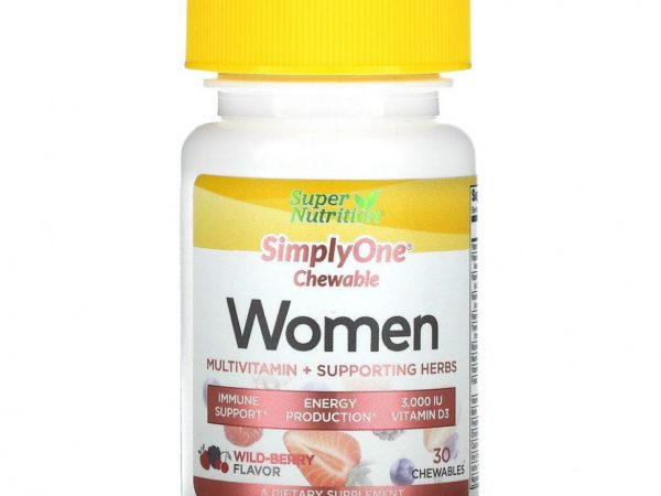 Super Nutrition, SimplyOne, мультивитамины и полезные травы для женщин, вкус лесных ягод, 30 жевательных таблеток