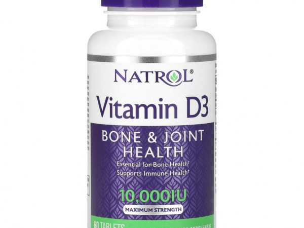 Natrol, витамин D3, здоровье костей и суставов, максимальная сила действия, 10 000 МЕ, 60 таблеток