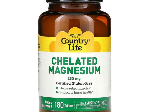 Country Life, магний в хелатной форме, 250 мг, 180 таблеток