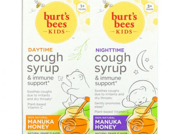 Burt's Bees, Kids, Сироп от кашля днем / ночью и поддержка иммунитета, комбинированная упаковка, натуральный виноград, 2 упаковки, 4 жидких унции (118 мл) каждая