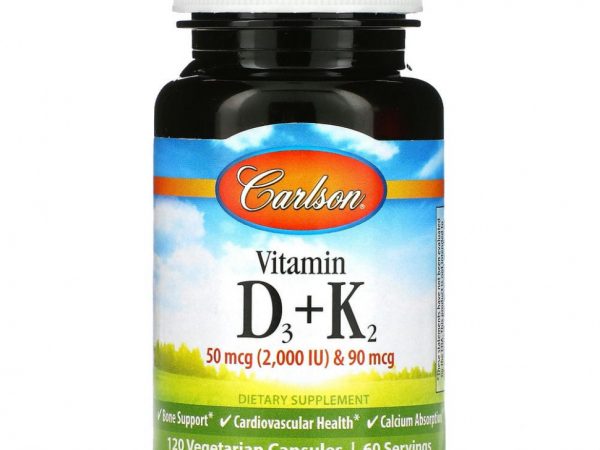Carlson, Витамин D3 и K2, 50 мкг (2000 МЕ) и 90 мкг, 120 вегетарианских капсул