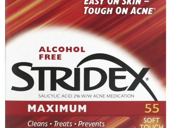 Stridex, Одношаговое средство от угрей, максимальная сила, без спирта, 55 мягких салфеток