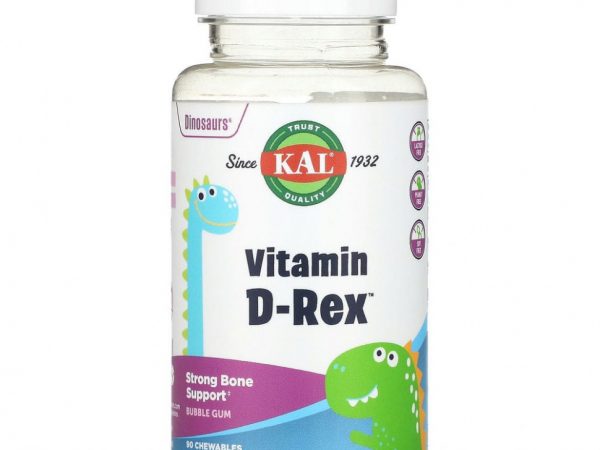KAL, Dinosaurs, Vitamin D-Rex, витамин D3, со вкусом жевательной резинки, 90 жевательных таблеток