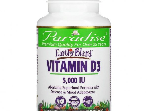 Paradise Herbs, Earths Blend, витамин D3, 5000 МЕ, 90 вегетарианских капсул