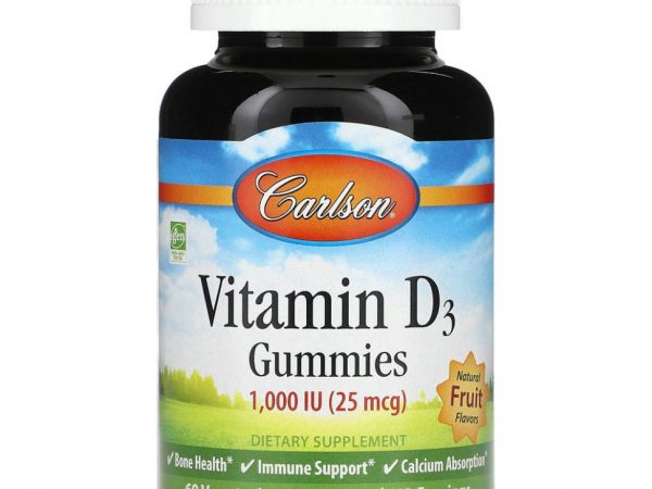 Carlson Labs, Детские жевательные мармеладки с витамином D3, натуральные фруктовые ароматизаторы, 25 мкг (1000 МЕ), 60 шт.