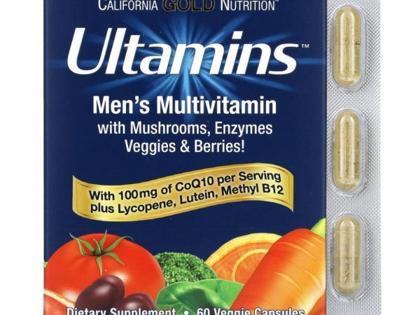 California Gold Nutrition, Ultamins, мультивитаминный комплекс для мужчин, с коэнзимом Q10, грибами, ферментами, овощами и ягодами, 60 растительных капсул