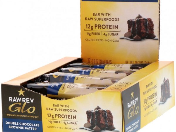 Raw Rev, Glo, брауни с двойной дозой шоколада, 12 батончиков, 1,6 унц. (46 г) каждый