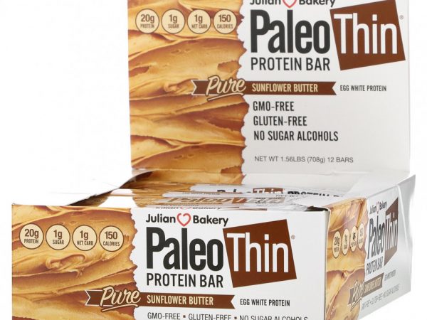 Julian Bakery, Paleo Thin Protein Bar, чистое подсолнечное масло, 12 батончиков, 59 г (2,08 унции)