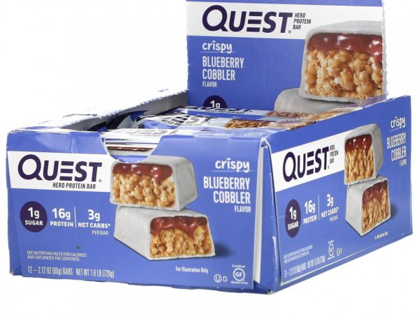 Quest Nutrition, Hero Protein Bar, Хрустящий черничный коблер, 12 батончиков, 2,12 унции (60 г)