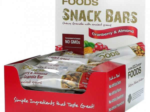 California Gold Nutrition, FOODS, батончики мюсли с клюквой и миндалем, 12 шт. по 40 г (1,4 унции)
