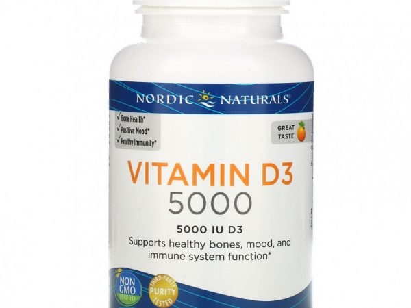 Nordic Naturals, Витамин D3 5000, со вкусом апельсина, 5000 МЕ, 120 мягких желатиновых капсул