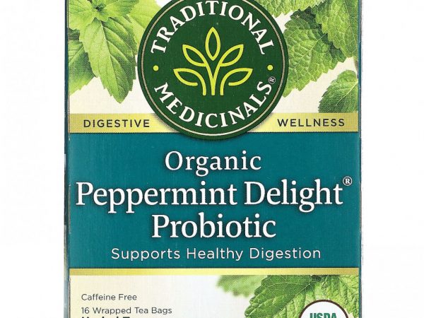 Traditional Medicinals, пробиотик и органическая перечная мята, без кофеина, 16 чайных пакетиков, 24 г (0,85 унции)