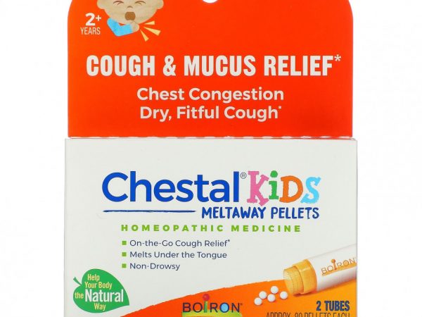 Boiron, Chestal Kids Meltaway Pellets, средство от кашля и слизи, от 2 лет, 2 пробирки, прибл. 80 пеллет каждая