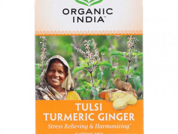 Organic India, чай тулси, куркума и имбирь, без кофеина, 18 чайных пакетиков, 34,2 г (1,2 унции)