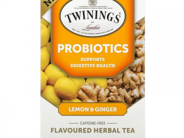 Twinings, Травяной чай со вкусом пробиотиков, лимон и имбирь, без кофеина, 18 чайных пакетиков, 0,95 унции (27 г)