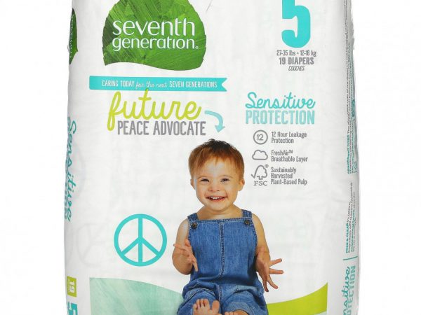 Seventh Generation, Подгузники для чувствительной защиты, размер 5, 27–35 фунтов, 19 подгузников