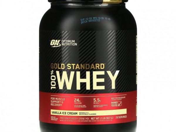 Optimum Nutrition, Gold Standard 100% Whey, сыворотка, ванильное мороженое, 907 кг (2 фунта)