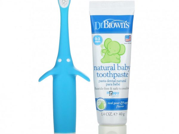 Dr. Brown's, Набор зубных щеток для малышей, от 0 до 3 лет, со вкусом голубой груши и яблока, набор из 2 предметов