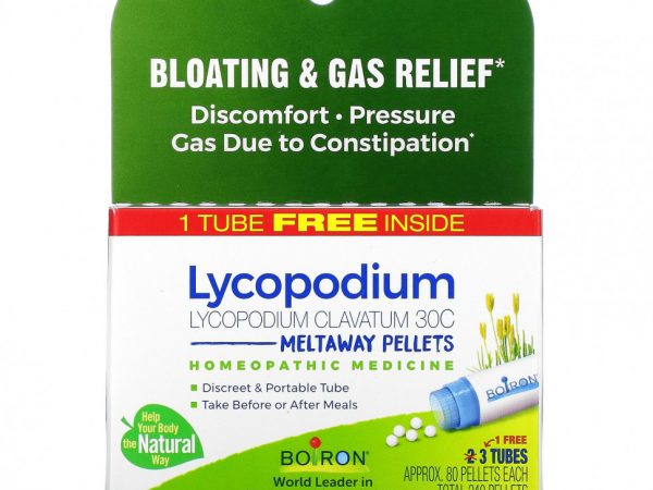 Boiron, Lycopodium, от вздутия живота и газообразования, гранулы Meltaway, 30C, 3 пробирки, 80 гранул в каждой