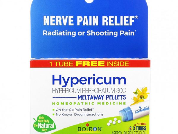 Boiron, Hypericum, средство для снятия нервной боли, гранулы Meltaway, 30C, 3 тюбика, 80 гранул в каждой