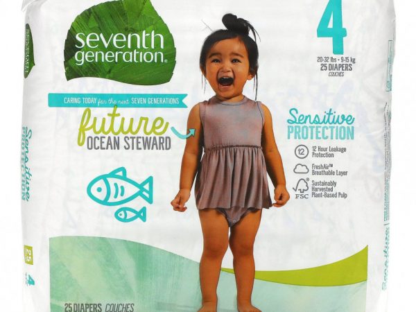 Seventh Generation, Подгузники для чувствительной защиты, размер 4, 20–32 фунта, 25 подгузников