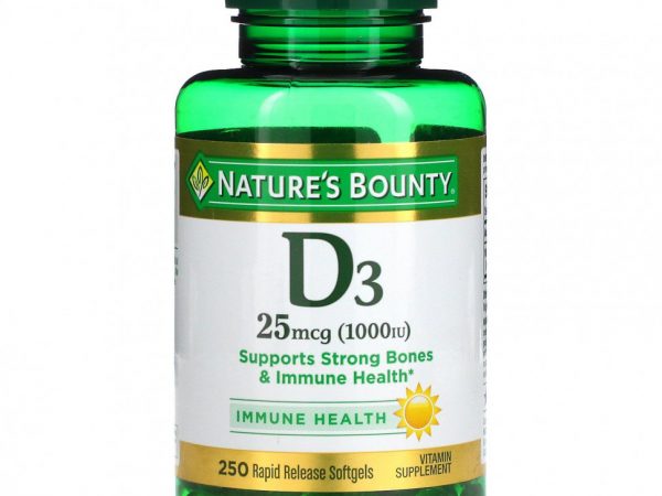 Nature's Bounty, D3, 25 мкг (1000 МЕ), 250 мягких таблеток ускоренного высвобождения