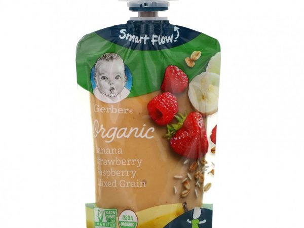 Gerber, Smart Flow, Organic, банан, клубника и малина, смешанные злаки, от 12 месяцев, 99 г (3,5 унции)