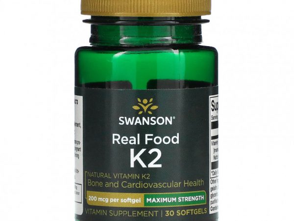 Swanson, Maximum Strength, Real Food K2, 200 мкг, 30 мягких таблеток