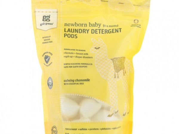 Grab Green, Laundry Detergent Pods, Newborn Baby, Calming Chamomile with Essential Oils, 0-4 Months, 30 Loads, 1.05 lbs (480 g)