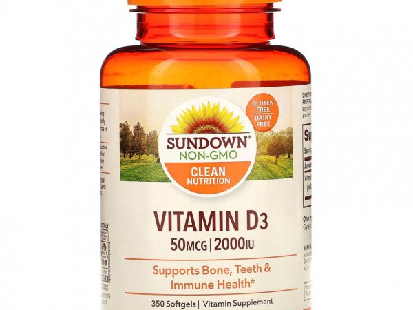 Sundown Naturals, Витамин D3, 50 мкг (2000 МЕ), 350 мягких таблеток