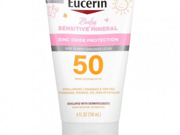 Eucerin, Для детей, минеральный солнцезащитный лосьон для чувствительной кожи, SPF 50, без отдушек, 118 мл (4 жидк. Унции)