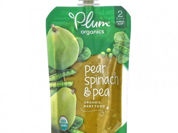 Plum Organics, органическое детское питание, этап 2, груша, шпинат и горох, 113 г (4 унции)