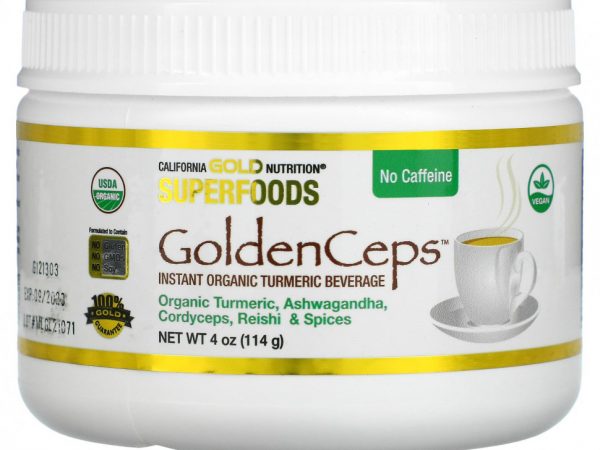 California Gold Nutrition, SUPERFOODS, GoldenCeps, органическая куркума с адаптогенами, 114 г (4 унции)