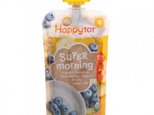 Happy Family Organics, Happy Tot, Super Morning, смесь фруктов, йогурта и зерен, органические банан, голубика, йогурт и овсянка + суперчиа, этап 4, 113 г (4 унции)