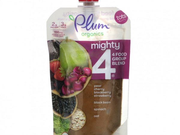Plum Organics, Mighty 4, смесь 4 Food Group, горох, груша, вишня, ежевика, клубника, черная фасоль, шпинат, овес, 113 г (4 унции)