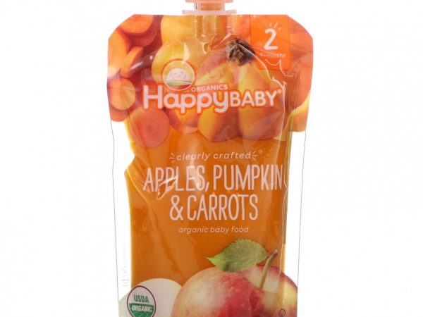 Happy Family Organics, Органическое детское питание, этап 2, от компании Clearly Crafted, яблоки для детей от 6 месяцев, тыква и морковь, 113 г (4 унции)