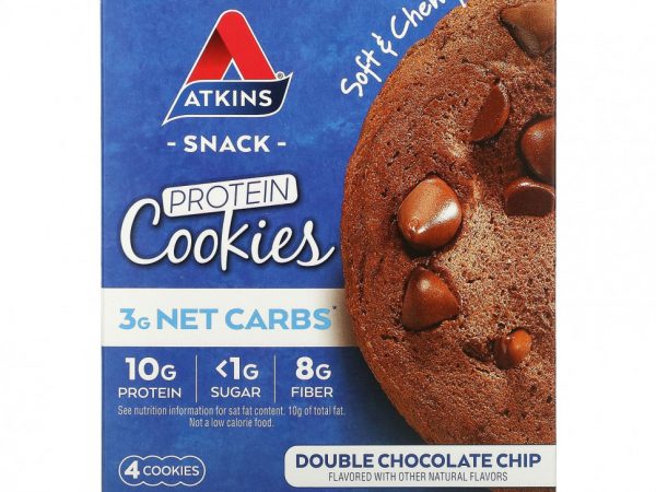 Atkins, Snack, протеиновое печенье, двойная шоколадная крошка, 4 печенья, 39 г (1,38 унции)