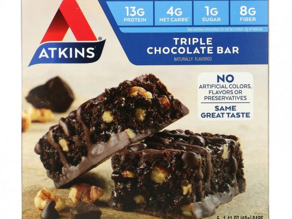 Atkins, Snack, Triple Chocolate, шоколадные батончики, 5 батончиков по 40 г (1,41 унции)