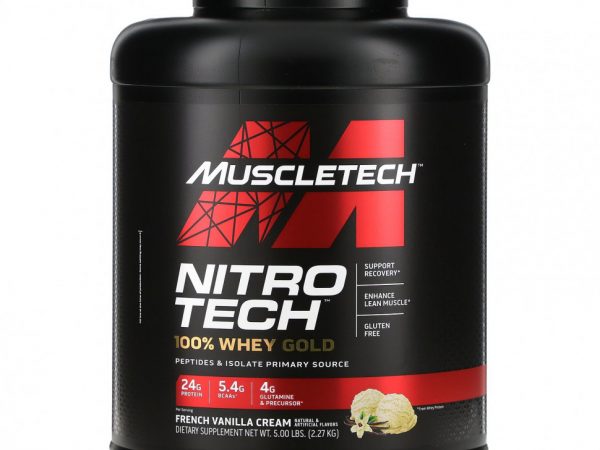 Muscletech, Nitro Tech, 100% Whey Gold, смесь сывороточных пептидов и изолята, французская ваниль, 2,27 кг (5 фунтов)