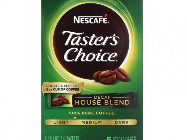 Nescaf?, Taster's Choice, растворимый кофе, домашняя смесь, легкая / средняя обжарка, без кофеина, 5 пакетиков по 3 г (0,1 унции)
