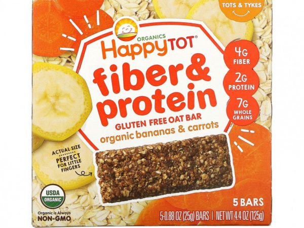 Happy Family Organics, HappyTot, овсяный батончик с клетчаткой и протеином, без глютена, с органическими бананом и морковью, 5 батончиков по 25 г (0,88 унции)